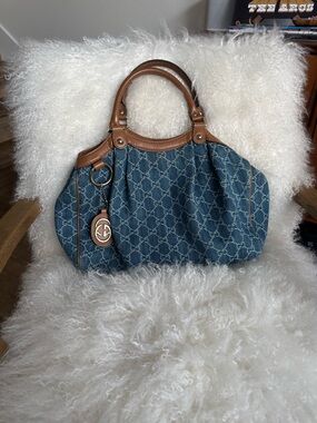 Gucci Sukey Blue Denim with Brown Leather Trim Bag